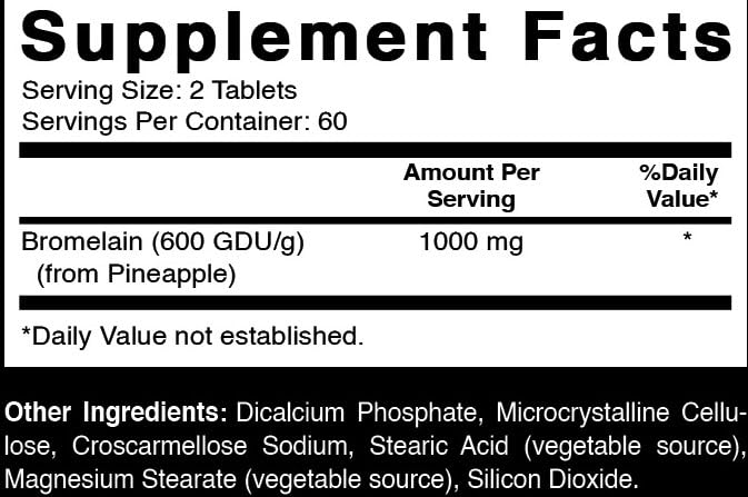 Oxify Bromelain 1000 MG emballage et informations nutritionnelles