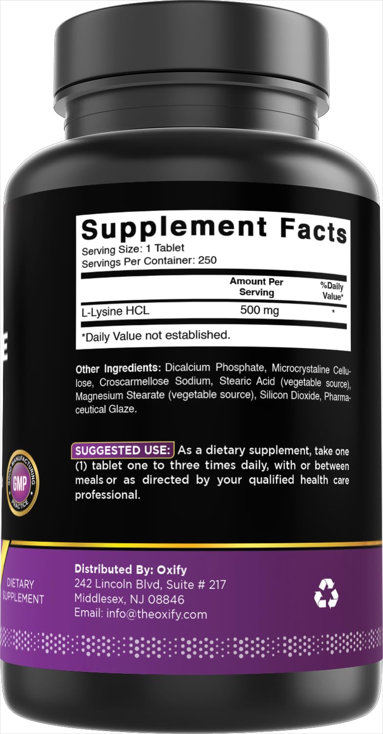 Oxify L-Lysine 500 mg vue arrière de la bouteille