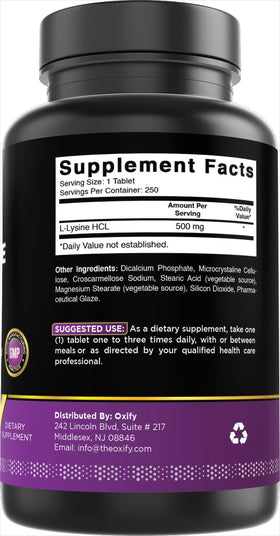 Oxify L-Lysine 500 mg vue arrière de la bouteille