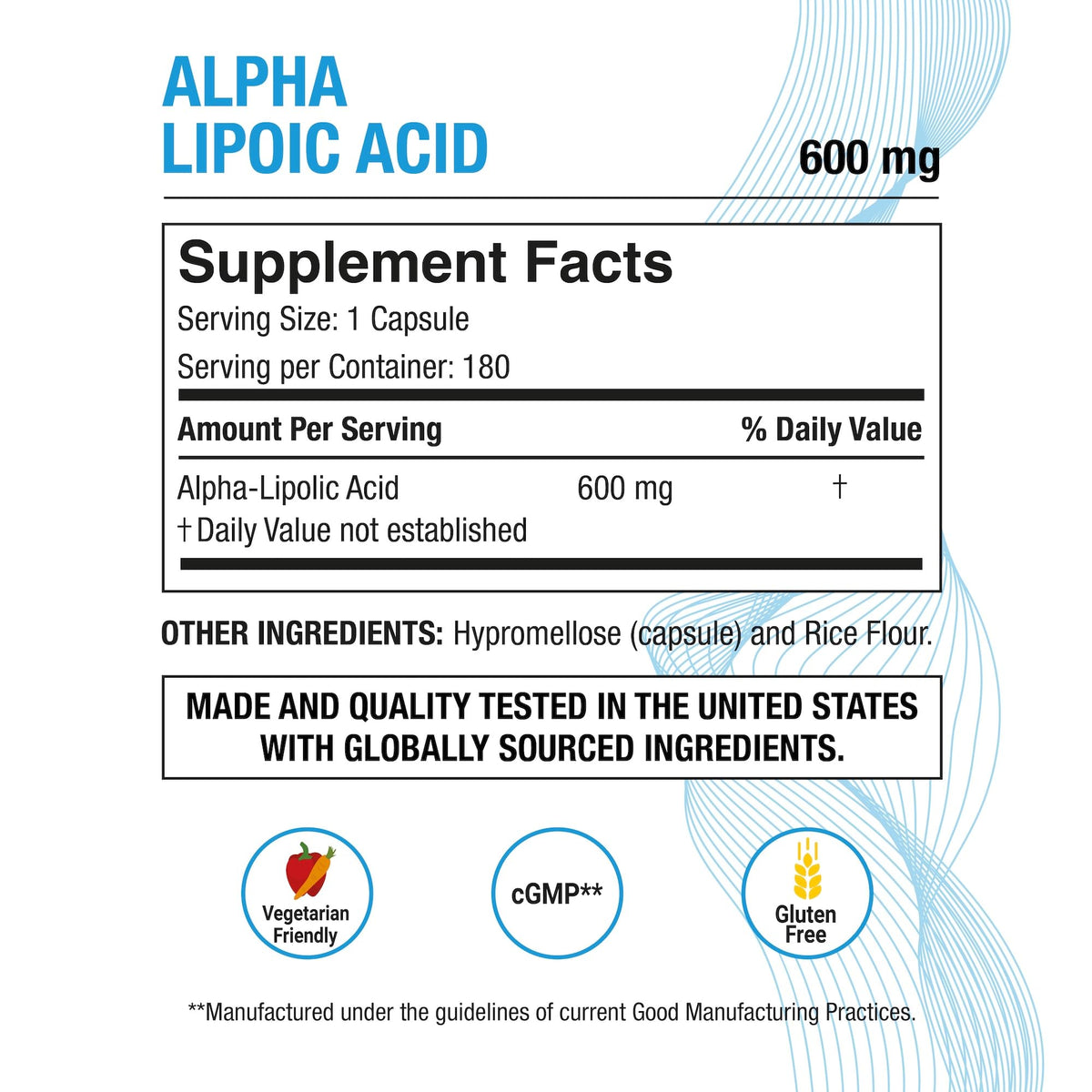 P Puregen Labs Acide alpha-lipoïque 600 mg arrière du flacon
