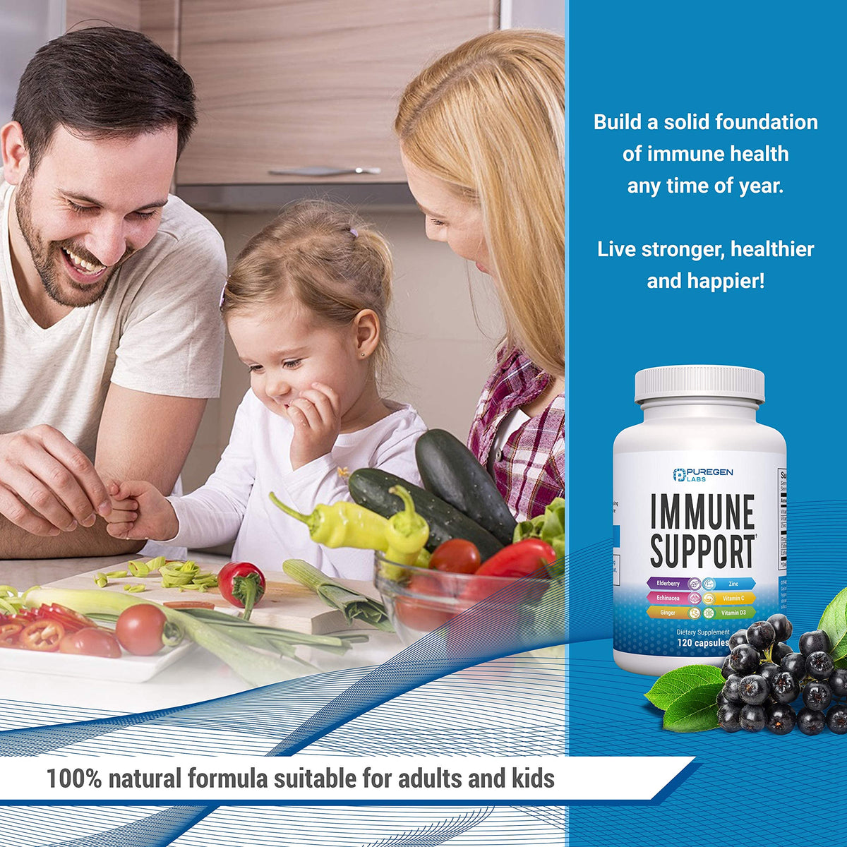 P Puregen Labs Complément Alimentaire 120 Capsules Échinacée Sureau avec des ingrédients naturels