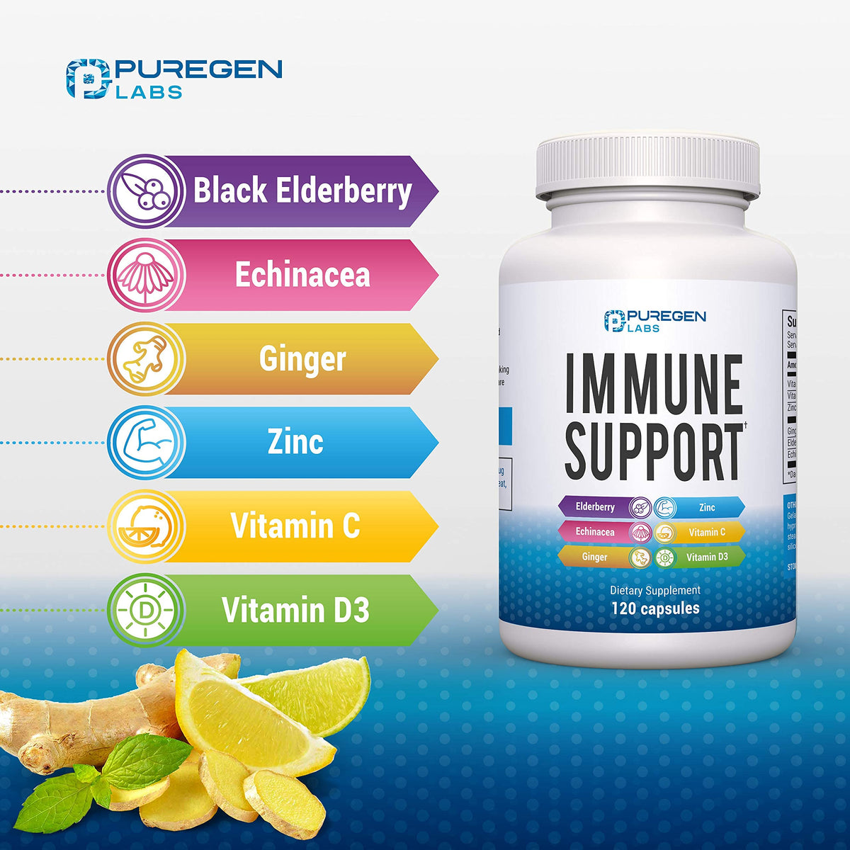 P Puregen Labs Complément Alimentaire 120 Capsules Échinacée Sureau sur fond blanc