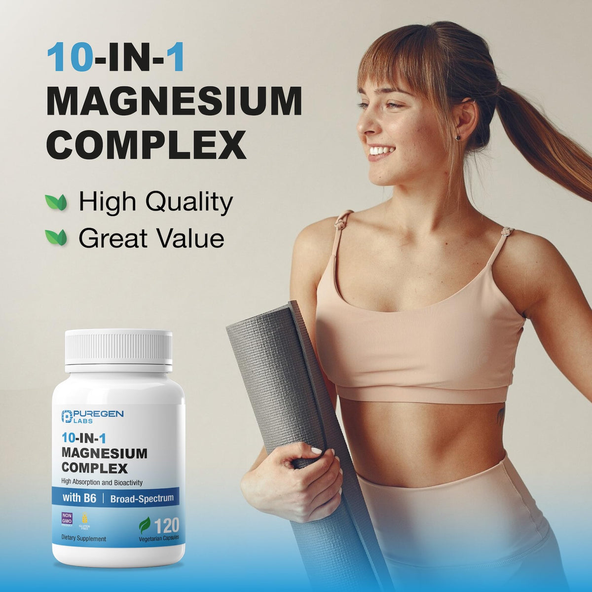 P Puregen Labs Complexe de Magnésium 10 en 1 500mg avec tableau des ingrédients