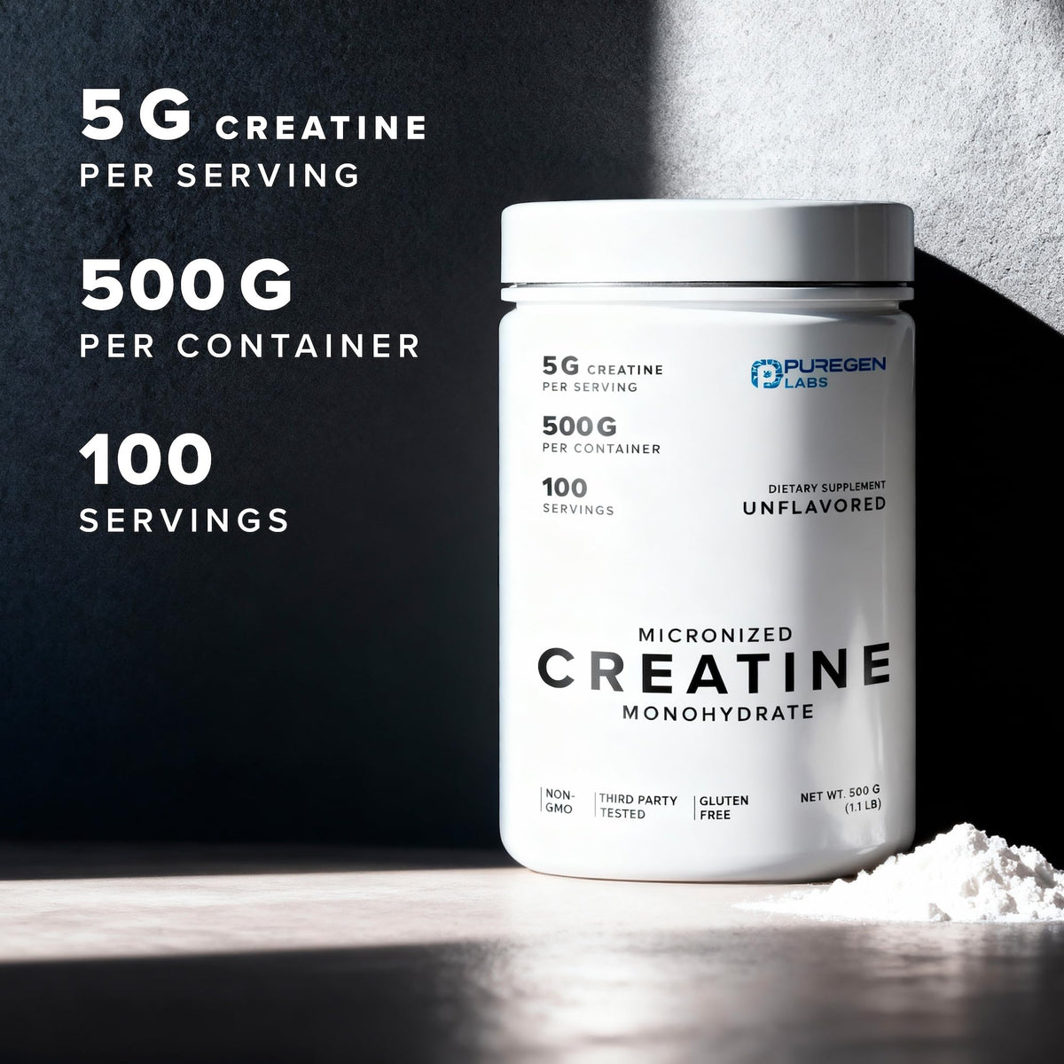 P Puregen Labs créatine monohydrate 500g avec dose de 5g