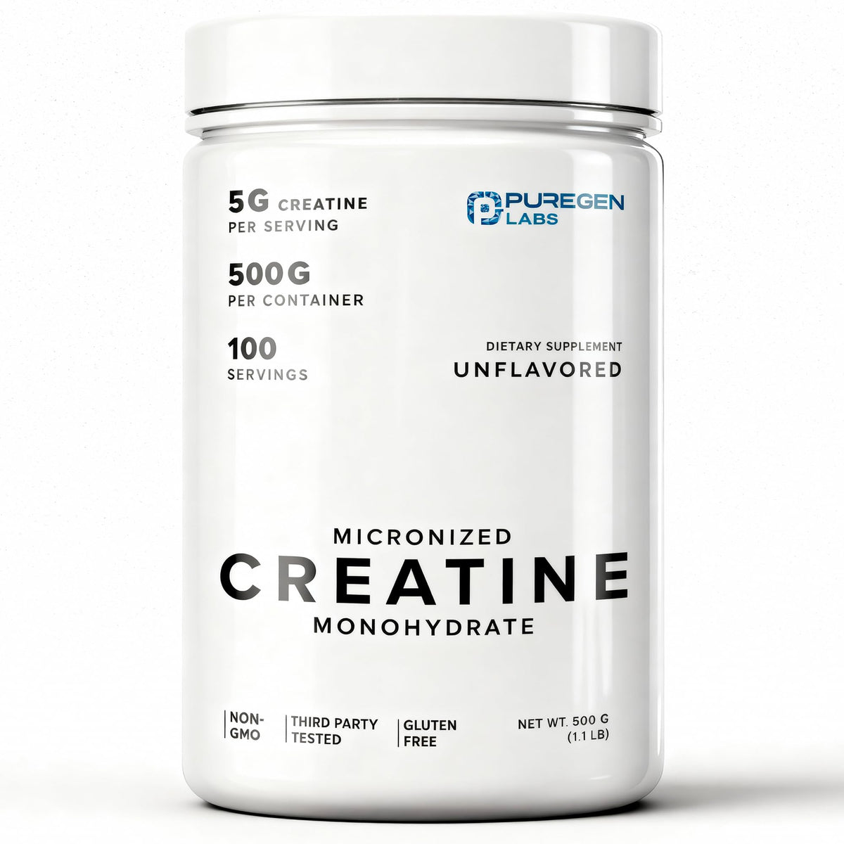 P Puregen Labs créatine monohydrate micronisée 500g vue de face