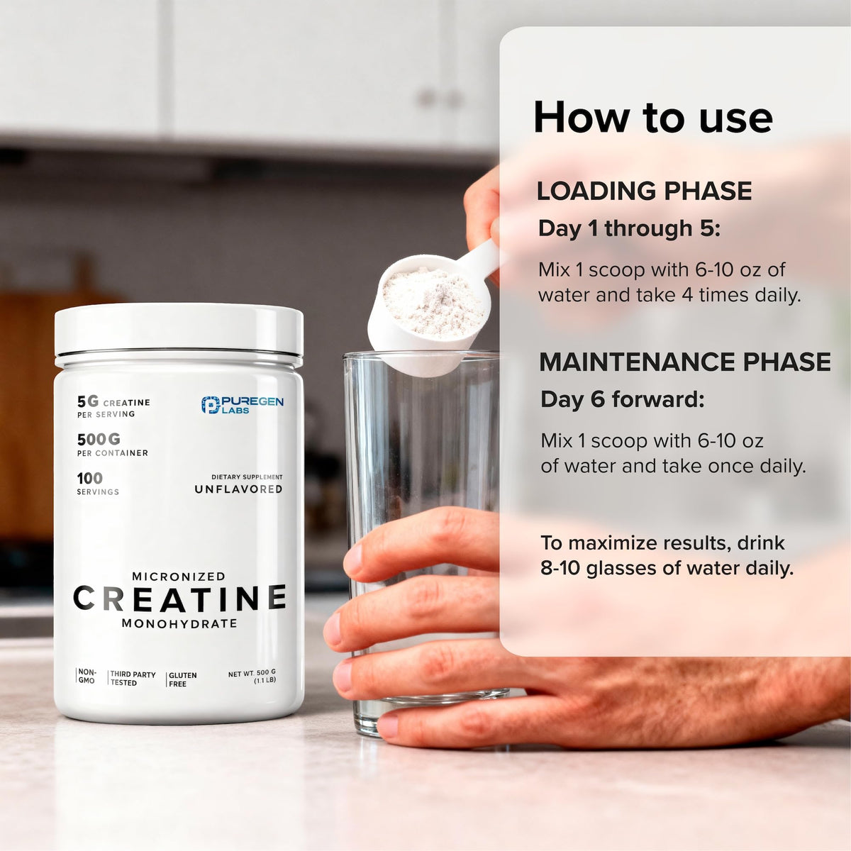 P Puregen Labs créatine monohydrate poudre dans un shaker