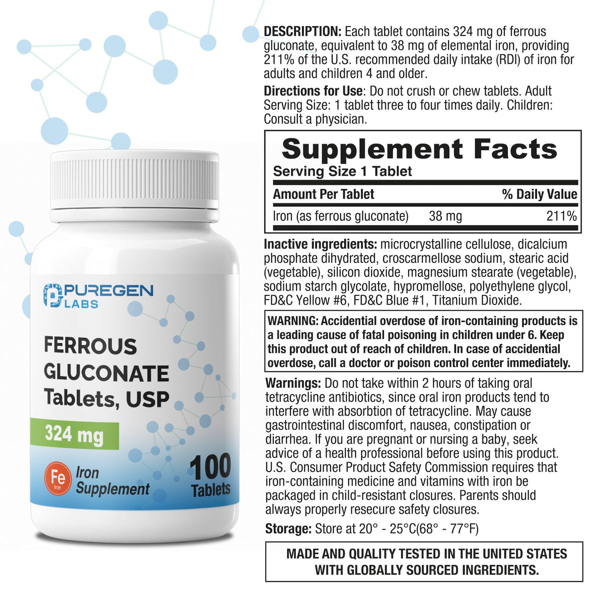 P Puregen Labs Ferrous Gluconate 324 mg comprimés arrière