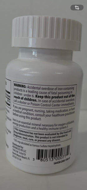 P Puregen Labs Ferrous Sulfate 325 mg comprimés de fer, présentation des tablettes