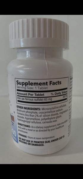 P Puregen Labs Ferrous Sulfate 325 mg comprimés de fer, vue latérale