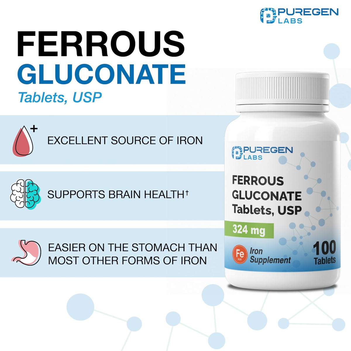 P Puregen Labs Gluconate Ferreux 324 mg, comprimés à l'intérieur du flacon