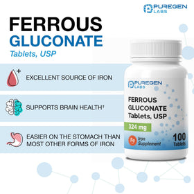 P Puregen Labs Gluconate Ferreux 324 mg comprimés, côté du flacon