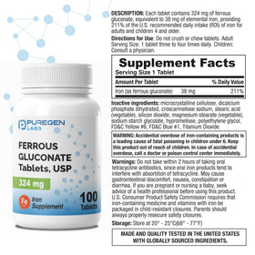 P Puregen Labs Gluconate Ferreux 324 mg comprimés, vue de dos