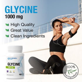 P Puregen Labs Glycine 1000mg avec un verre d'eau