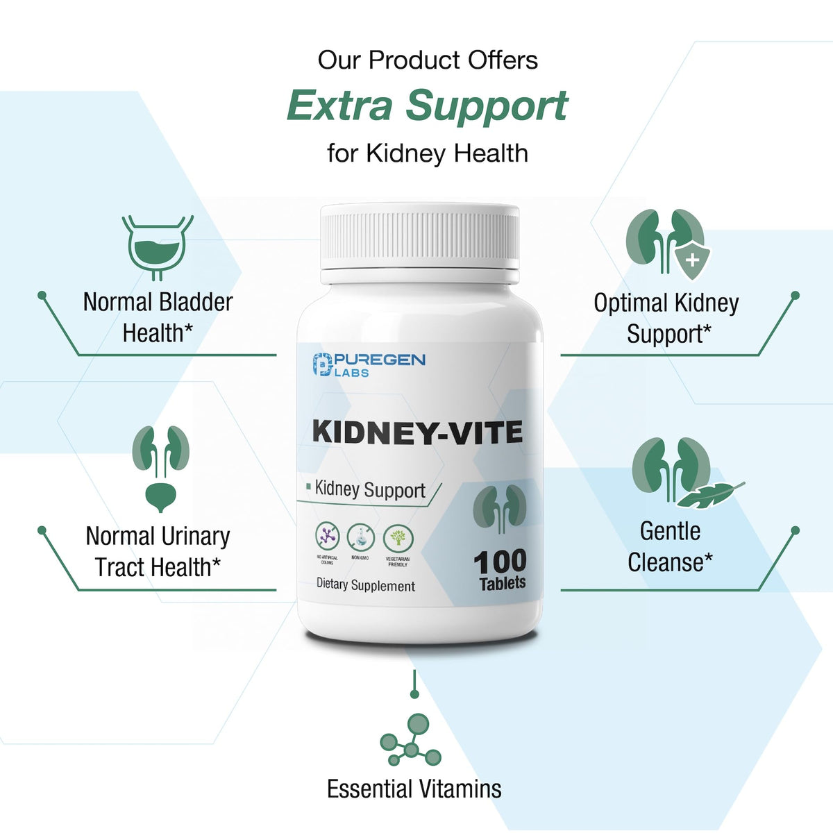 P Puregen Labs Kidney-Vite comprimés sur une table