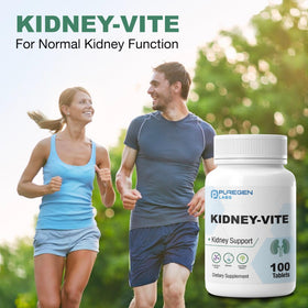 P Puregen Labs Kidney-Vite, flacon ouvert avec comprimés visibles