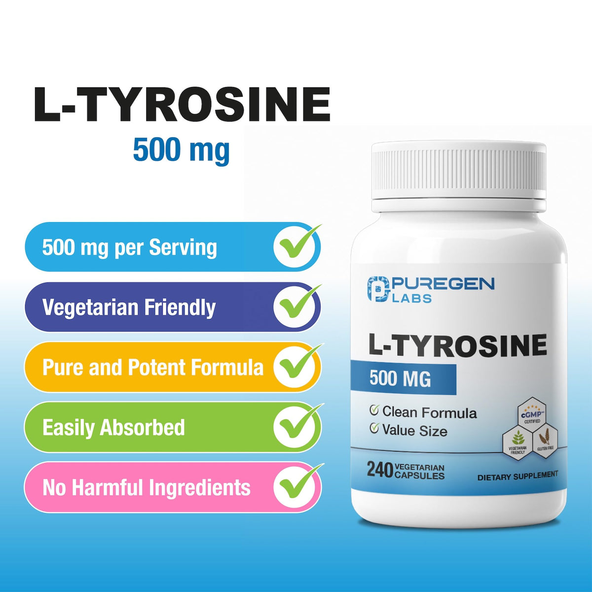 P Puregen Labs L-Tyrosine 500 mg étiquette du produit
