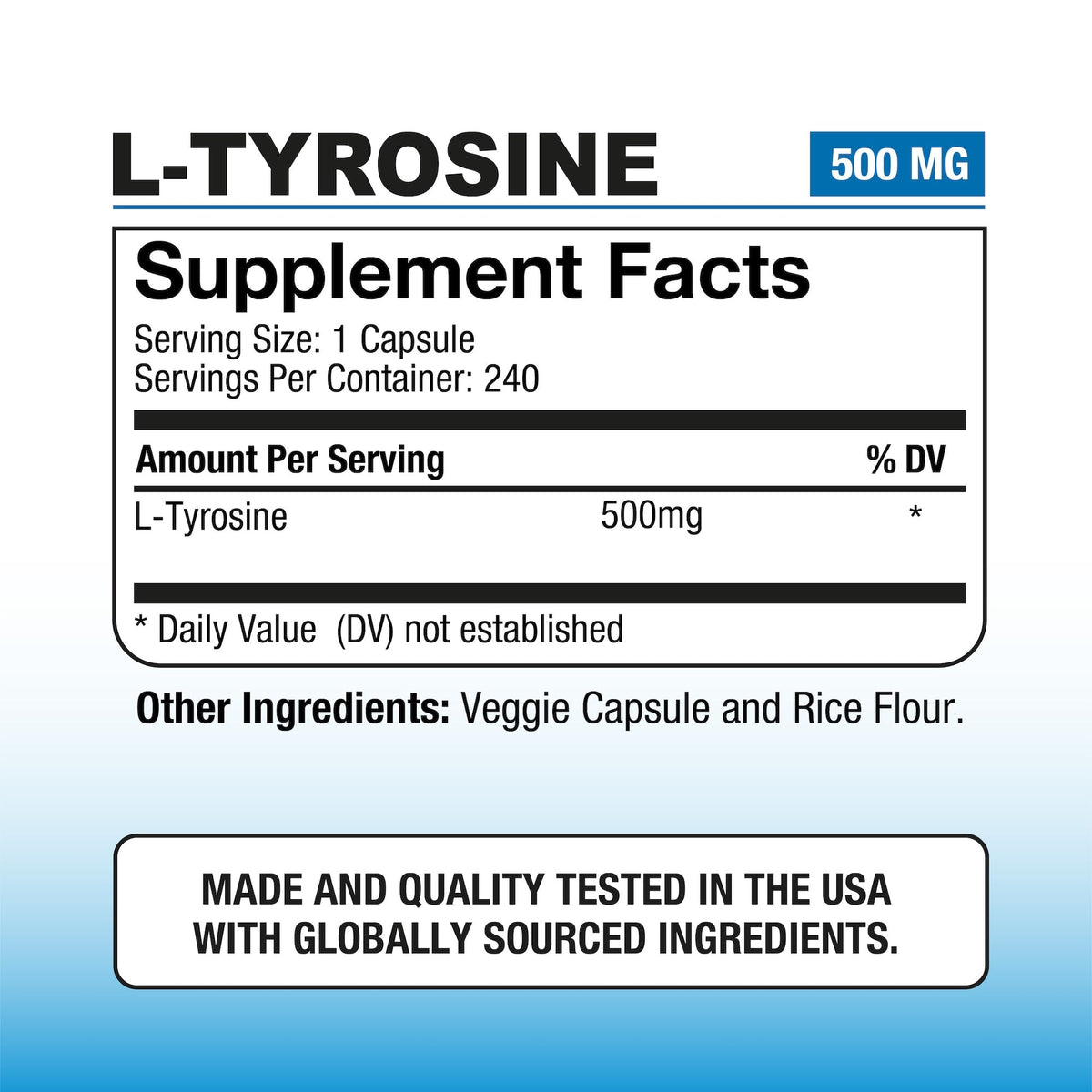 P Puregen Labs L-Tyrosine 500 mg gélule végétale en gros plan