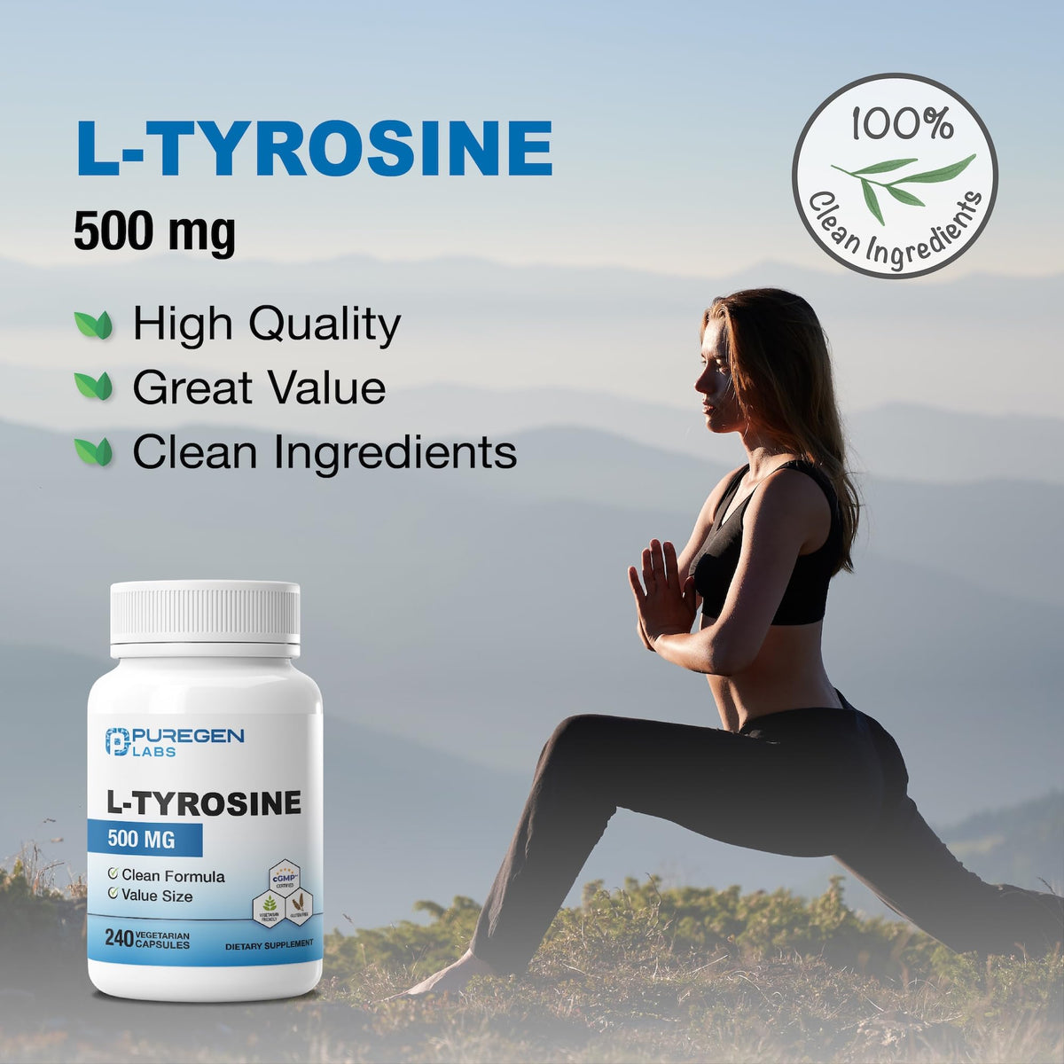 P Puregen Labs L-Tyrosine 500 mg gélules avec un fond blanc