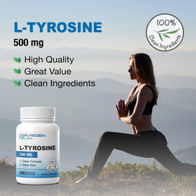 P Puregen Labs L-Tyrosine 500 mg gélules avec un fond blanc