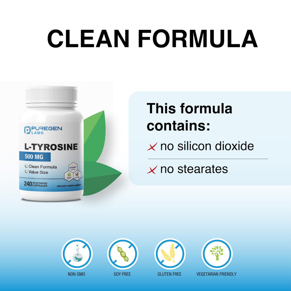 P Puregen Labs L-Tyrosine 500 mg gélules végétales avec verre d'eau