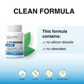 P Puregen Labs L-Tyrosine 500 mg gélules végétales avec verre d'eau