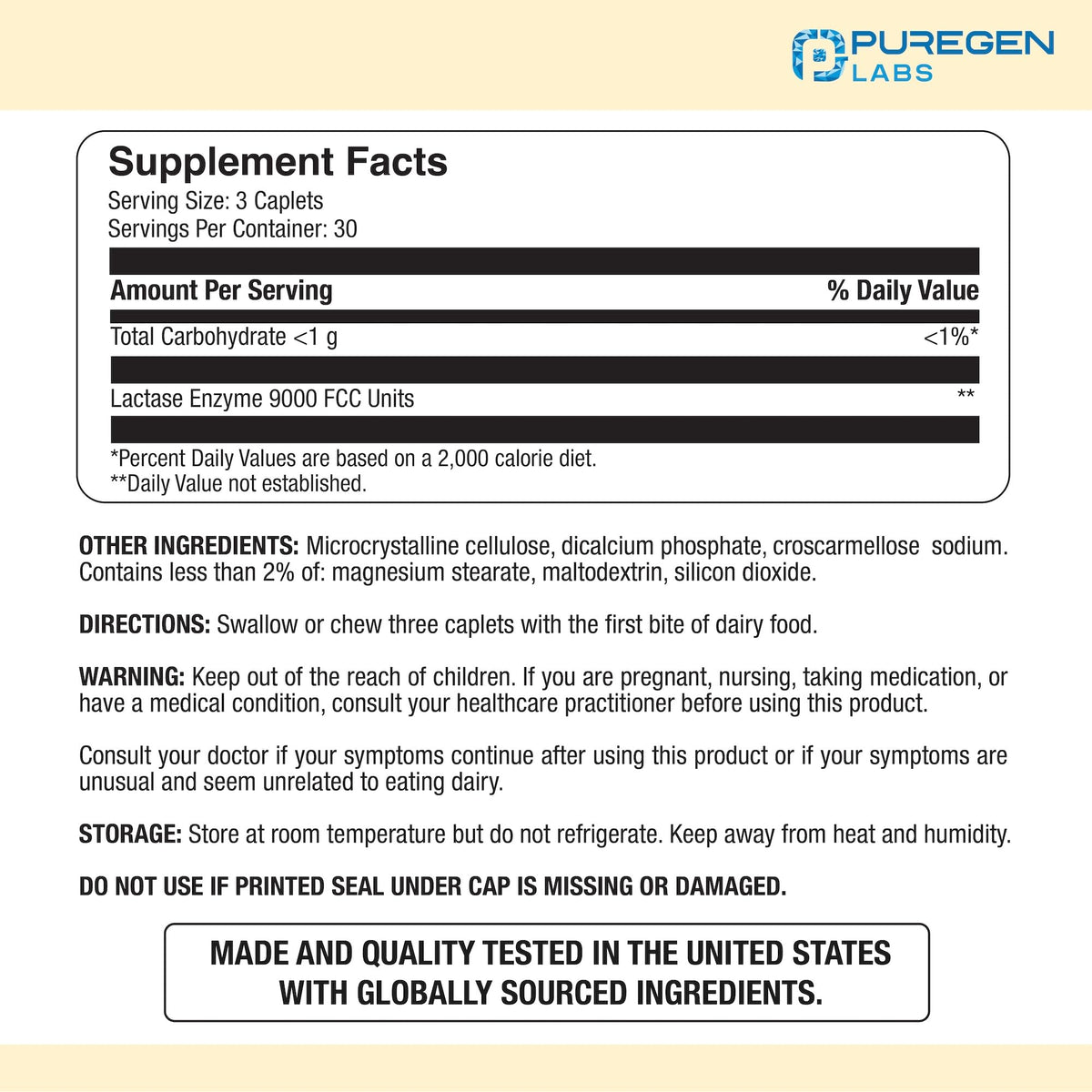 P Puregen Labs Lactase Enzyme 3000 FCC, emballage et informations nutritionnelles