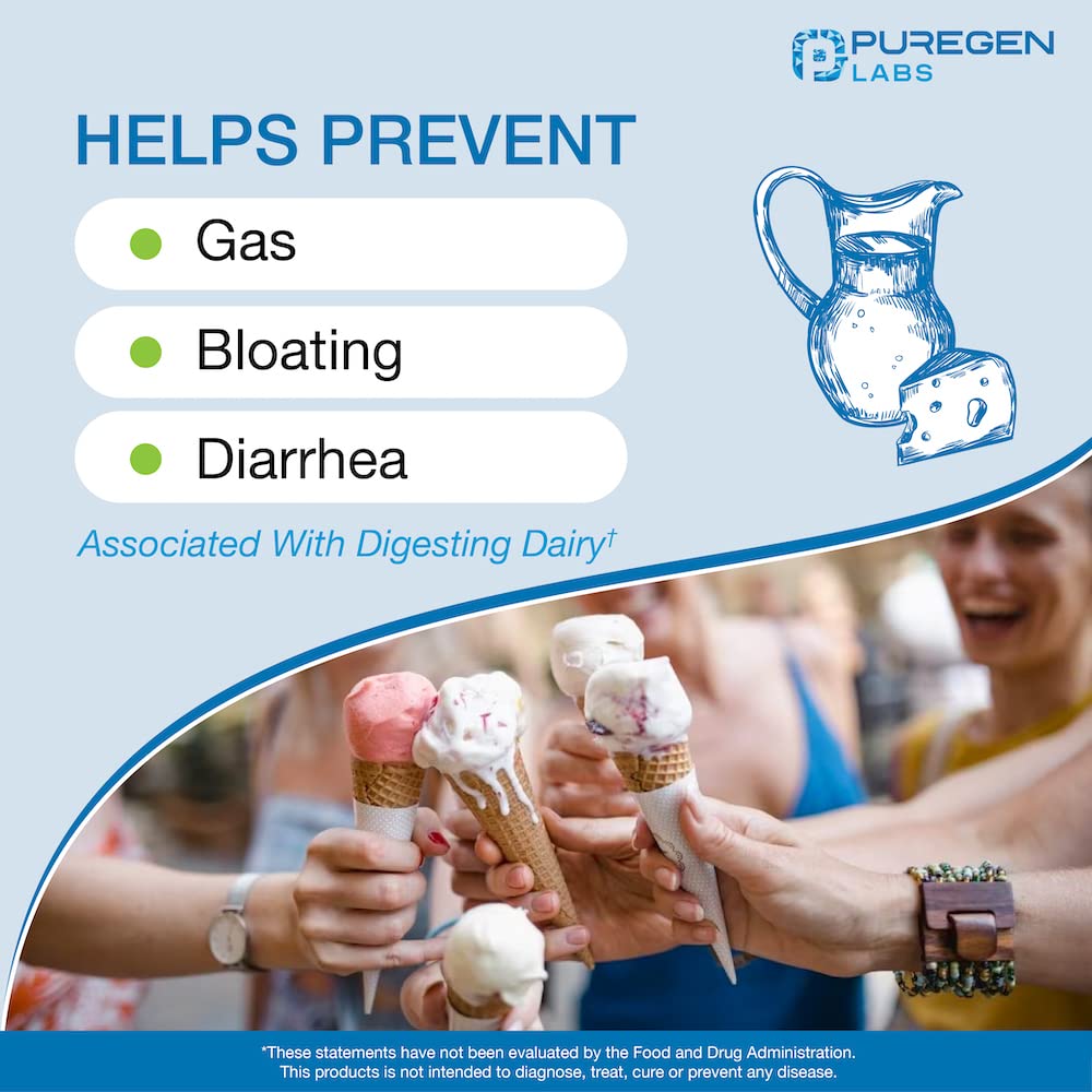 P Puregen Labs Lactase Enzyme 9000 FCC 360 comprimés, vue de côté