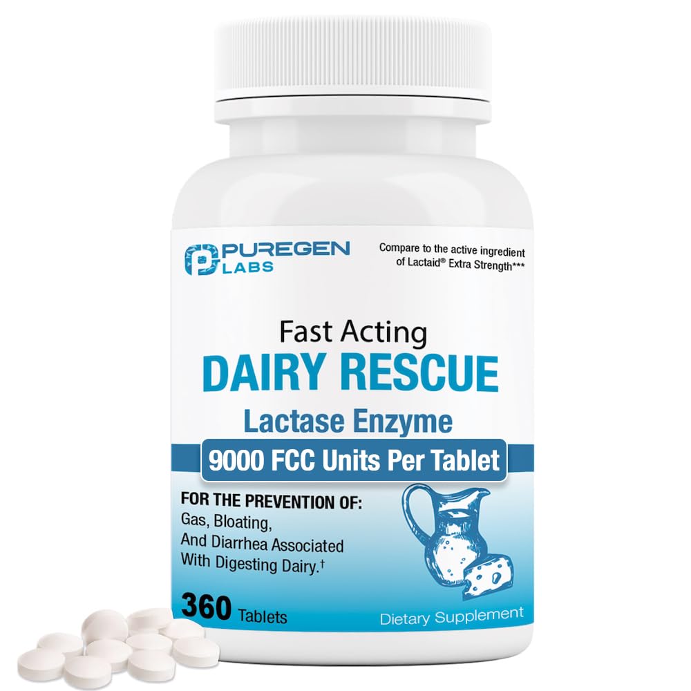 P Puregen Labs Lactase Enzyme 9000 FCC 360 comprimés, vue de face