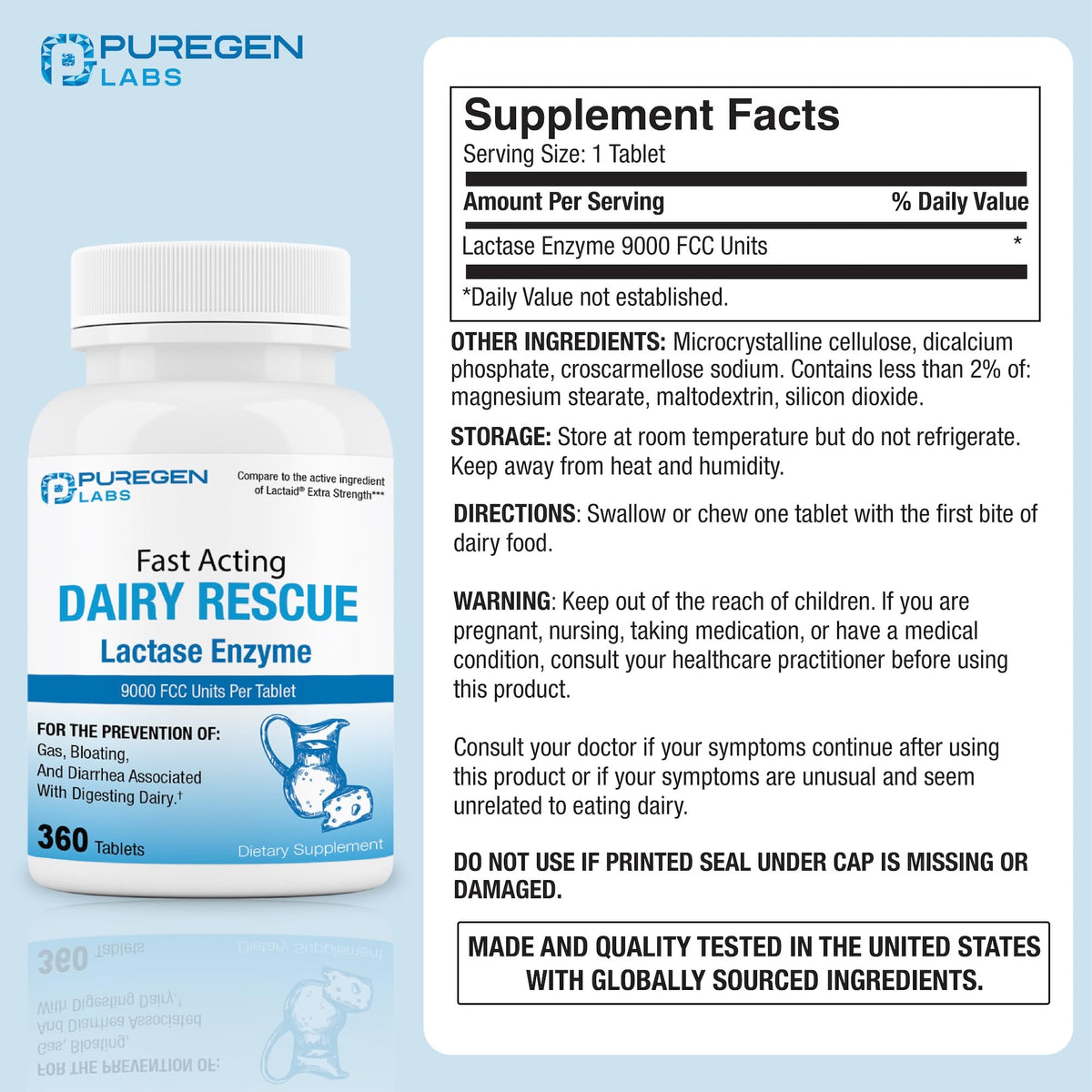 P Puregen Labs Lactase Enzyme 9000 FCC 720 comprimés vue arrière