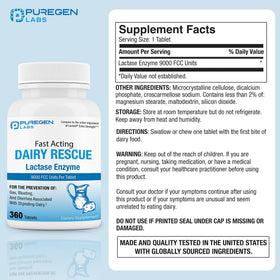 P Puregen Labs Lactase Enzyme 9000 FCC 720 comprimés vue arrière
