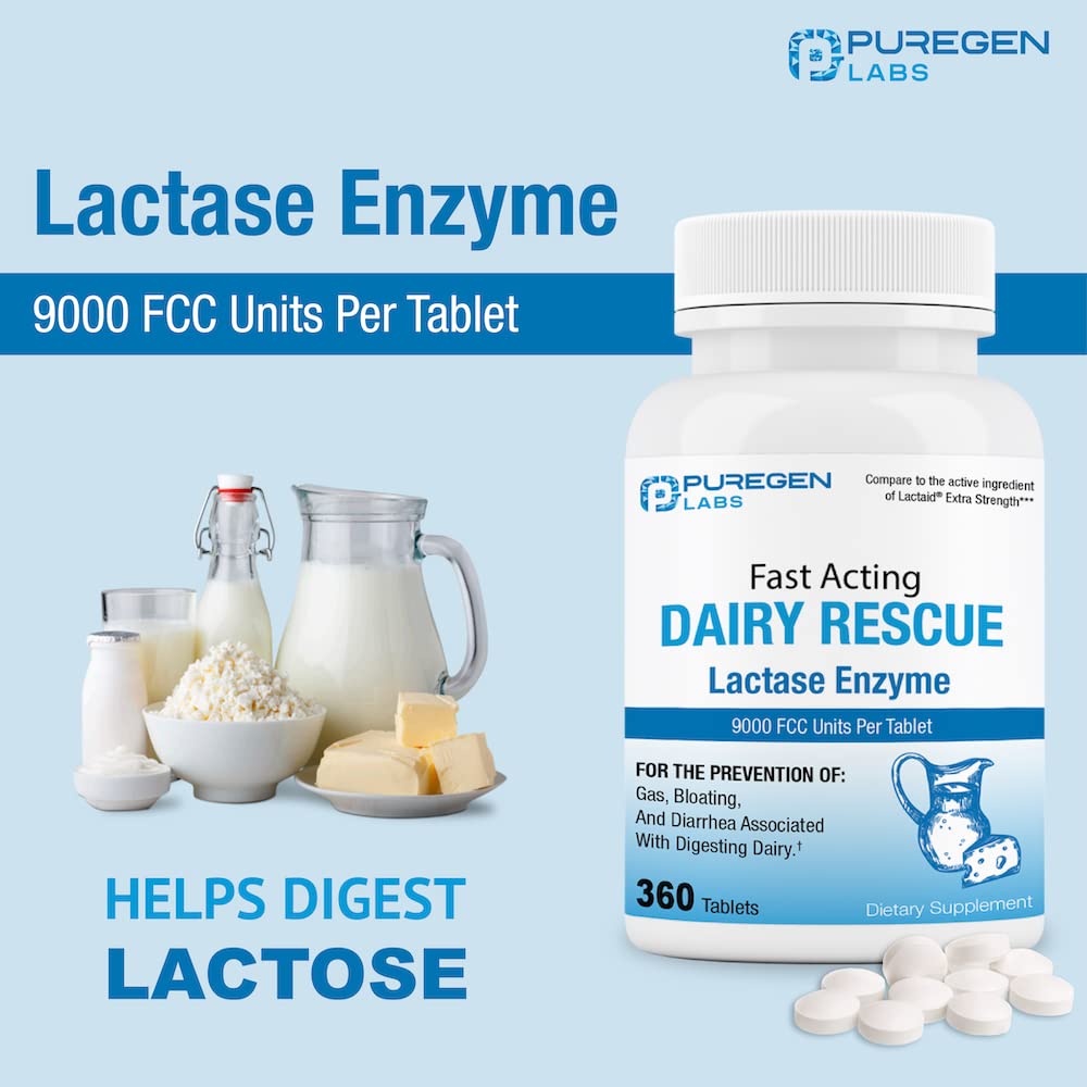 P Puregen Labs Lactase Enzyme 9000 FCC, comprimés sur une table