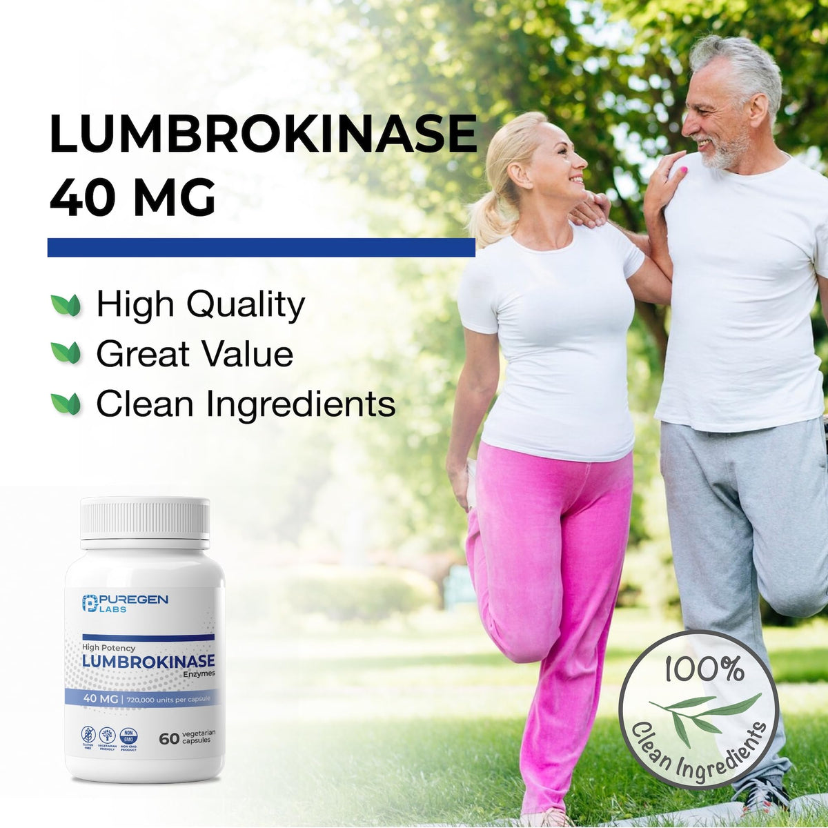 P Puregen Labs Lumbrokinase capsules on a wooden table