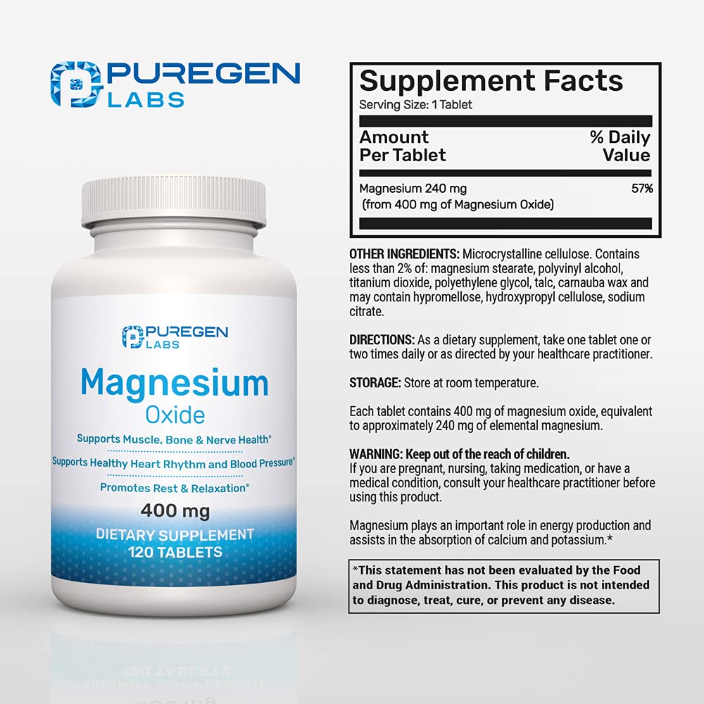P Puregen Labs Magnésium Oxyde 400mg comprimés en gros plan