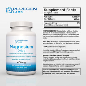 P Puregen Labs Magnésium Oxyde 400mg comprimés en gros plan