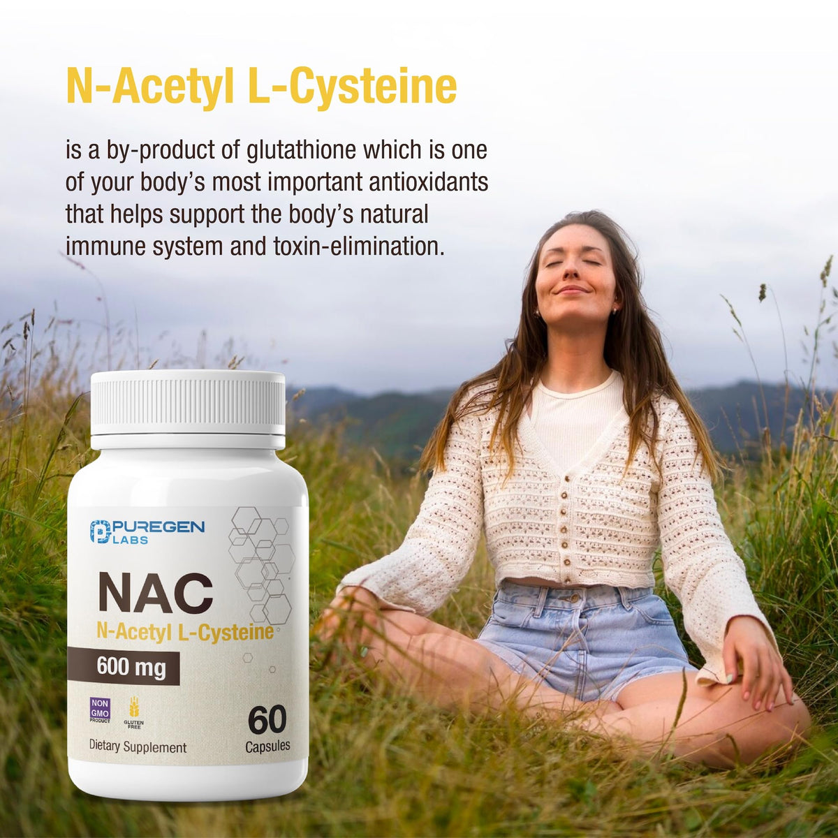 P Puregen Labs N-Acetyl-L-Cystéine 600mg avec étiquette détaillée