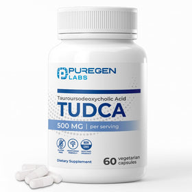 P Puregen Labs TUDCA 500mg, bouteille ouverte avec capsules
