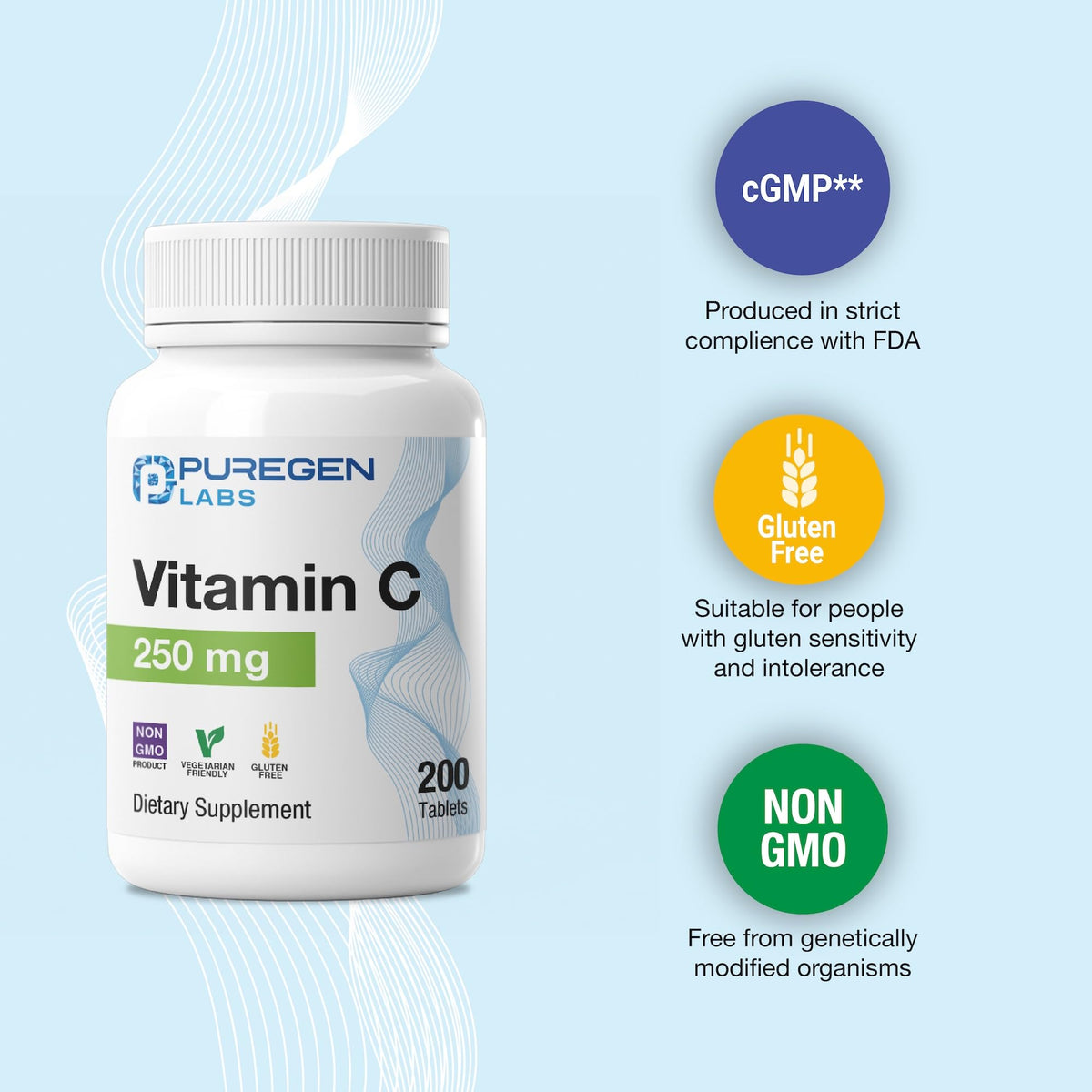 P Puregen Labs Vitamine C 250 MG comprimés dans un verre