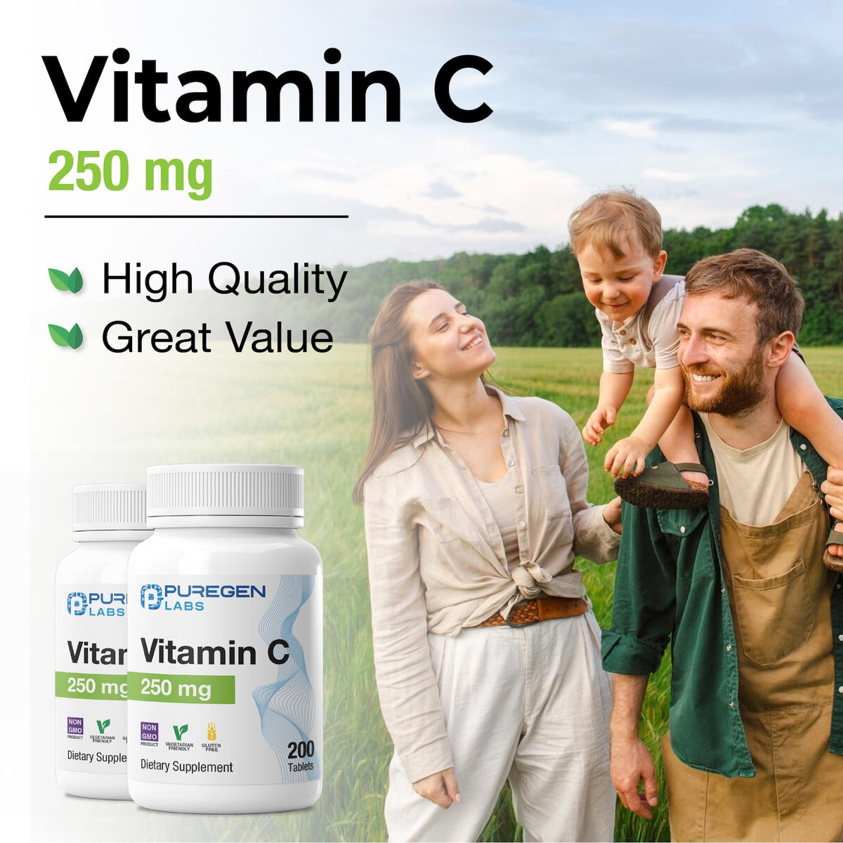 P Puregen Labs Vitamine C 250 MG comprimés, vue de côté