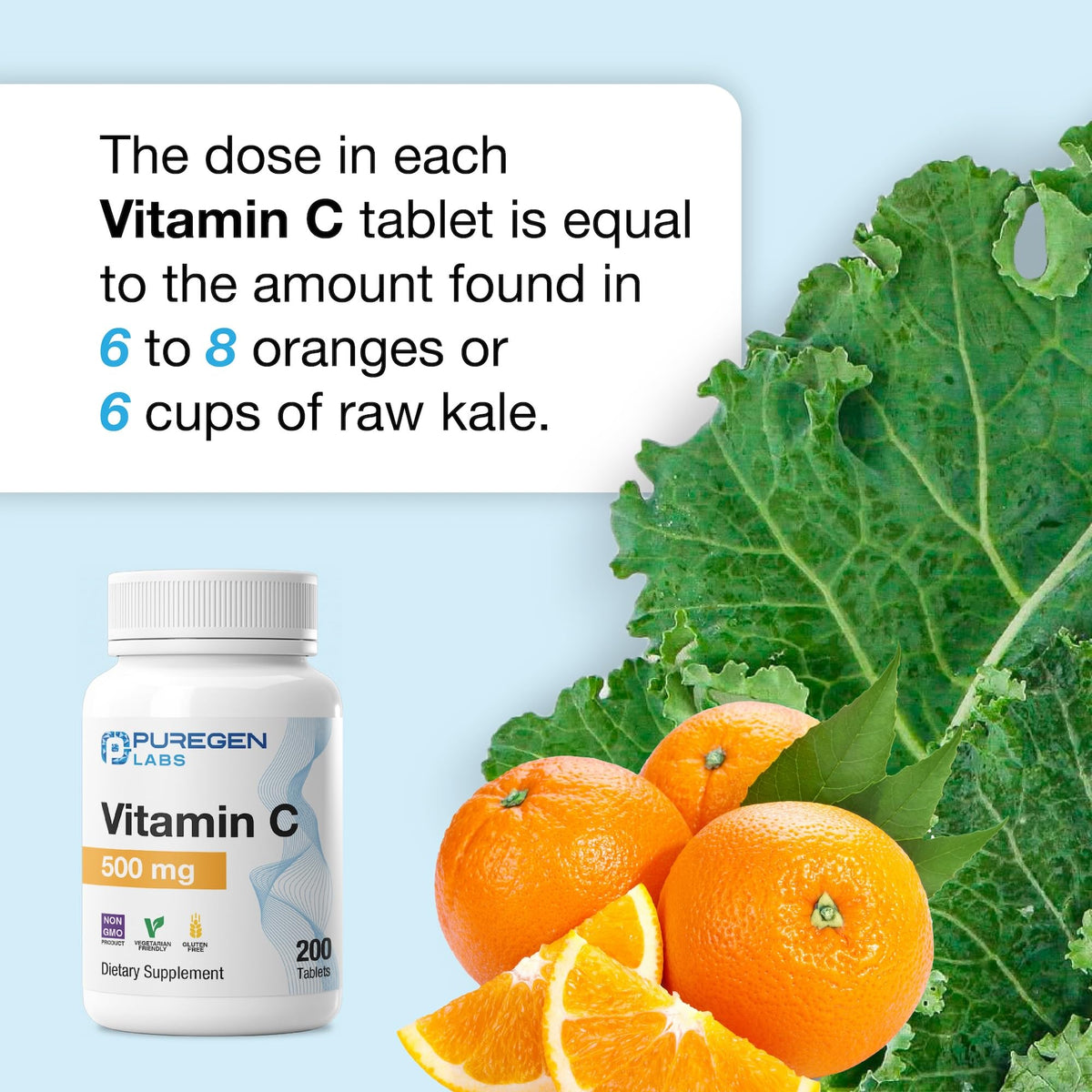 P Puregen Labs Vitamine C 500 MG comprimés avec un verre d'eau
