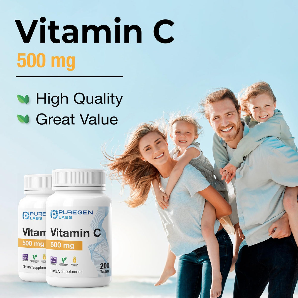 P Puregen Labs Vitamine C 500 MG étiquette détaillée