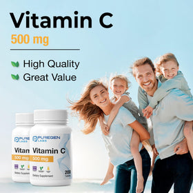P Puregen Labs Vitamine C 500 MG étiquette détaillée
