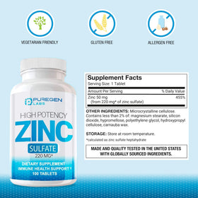 P Puregen Labs Zinc 220mg Complément Alimentaire 100 Comprimés emballage