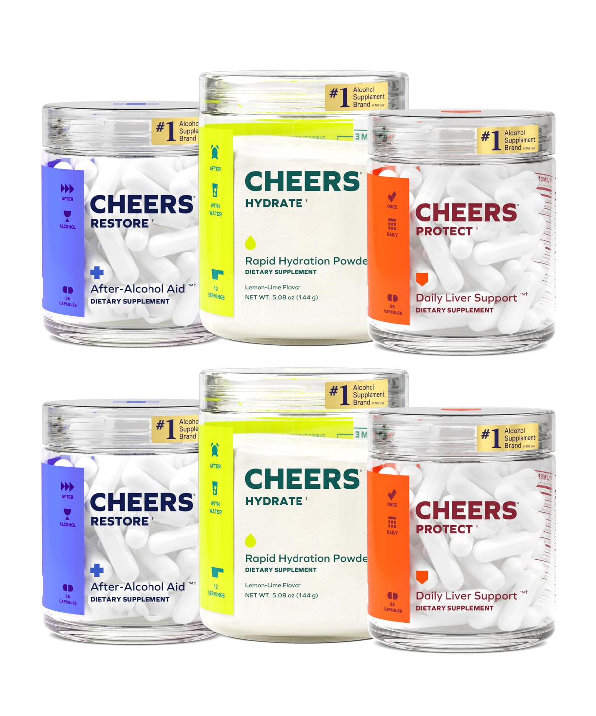 Pack Cheers Super Combo avec trois bouteilles: Restore, Hydrate, Protect