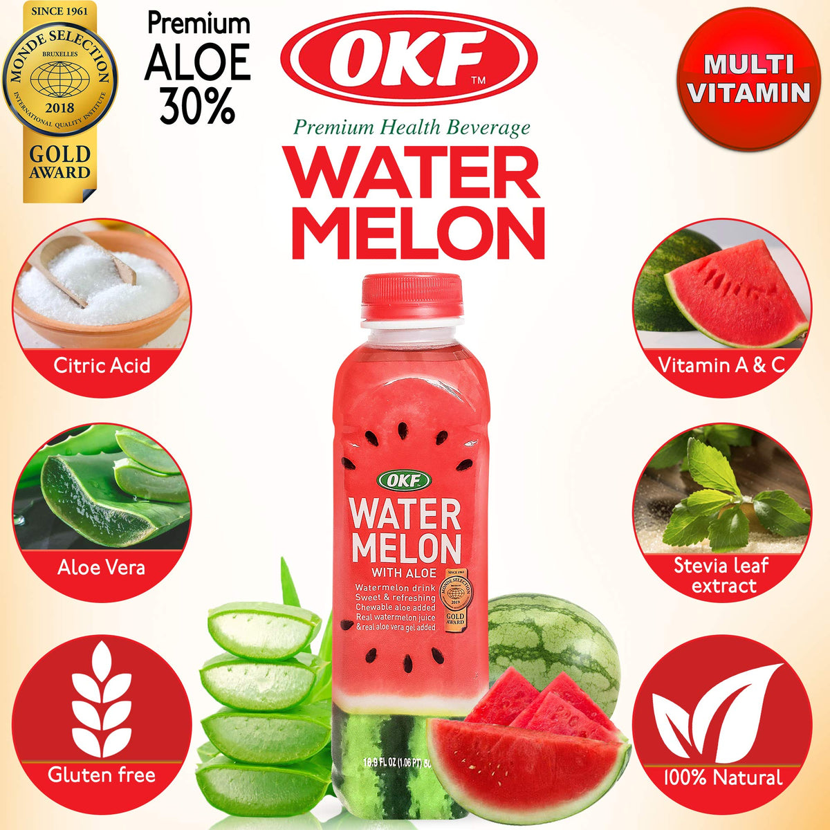 Pack de 10 bouteilles de OKF Boisson à la Pastèque et Aloe Vera