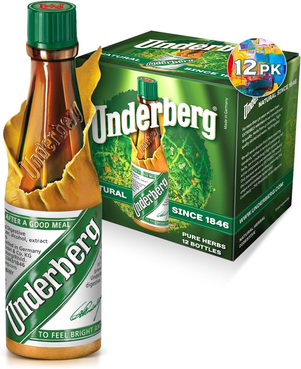 Pack de 12 bouteilles de bitters Underberg, vue de face