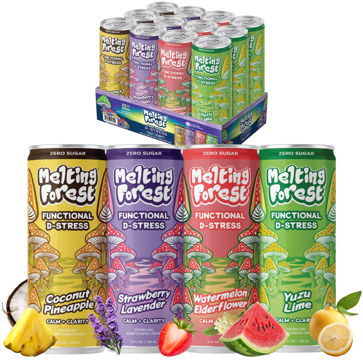 Pack de 12 canettes de boisson D-Stress MELTING FOREST avec différentes saveurs