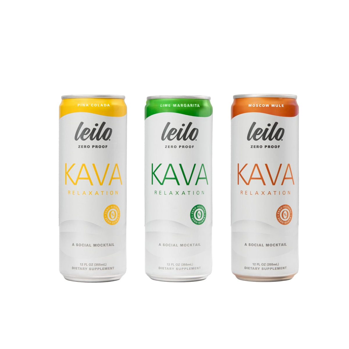 Pack de 12 canettes de mocktails Kava LEILO avec saveurs Margarita, Pina Colada et Moscow Mule