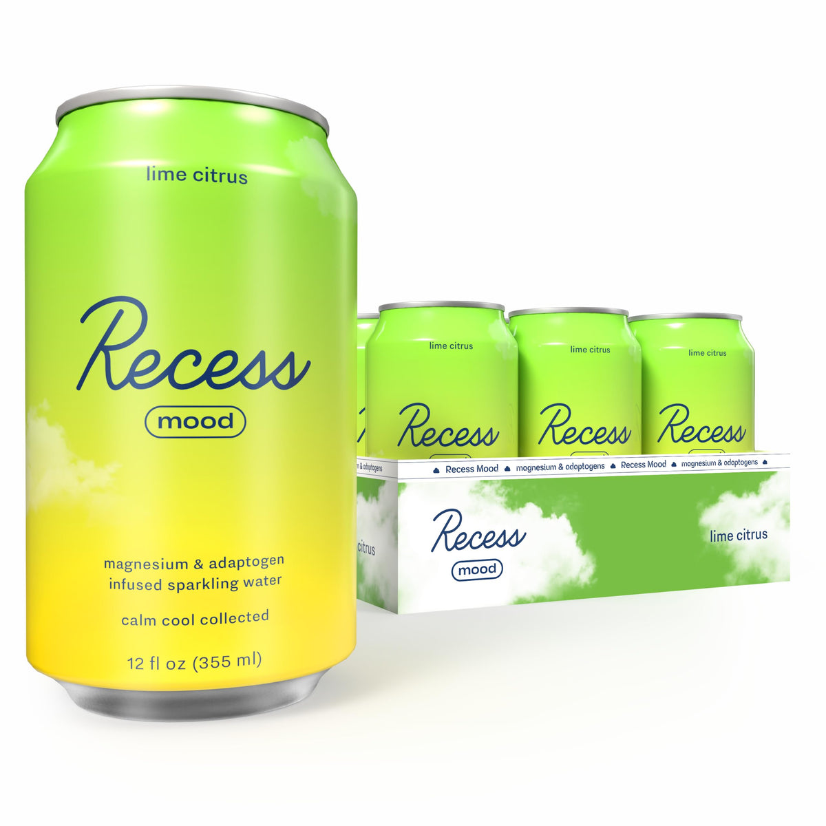 Pack de 12 canettes Recess Mood Lime Citrus avec étiquette visible