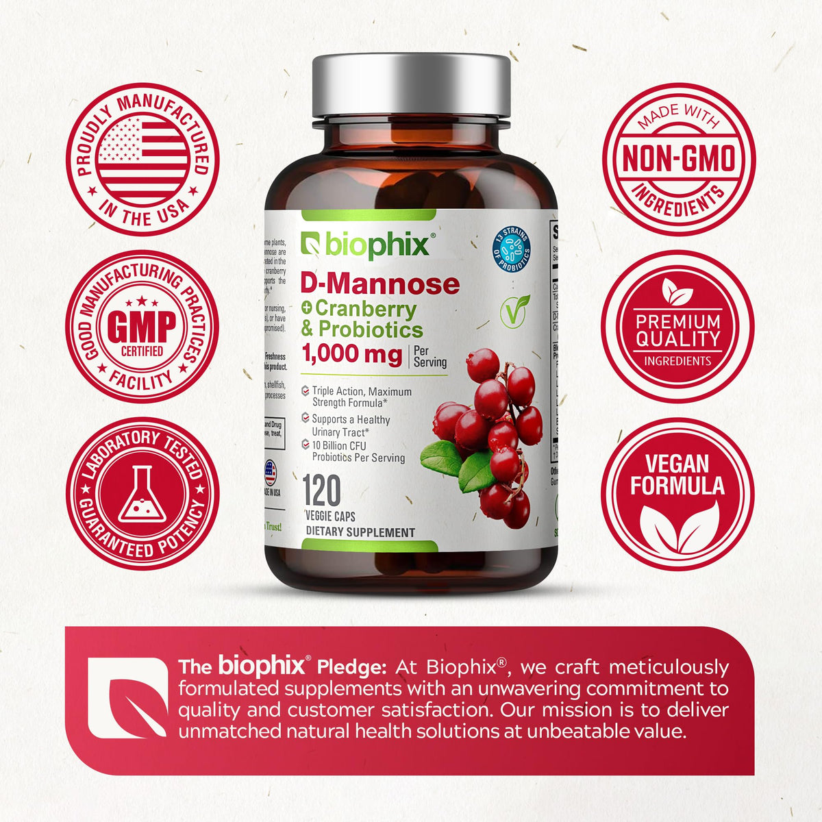 pack de 120 capsules de biophix D-Mannose sur une table