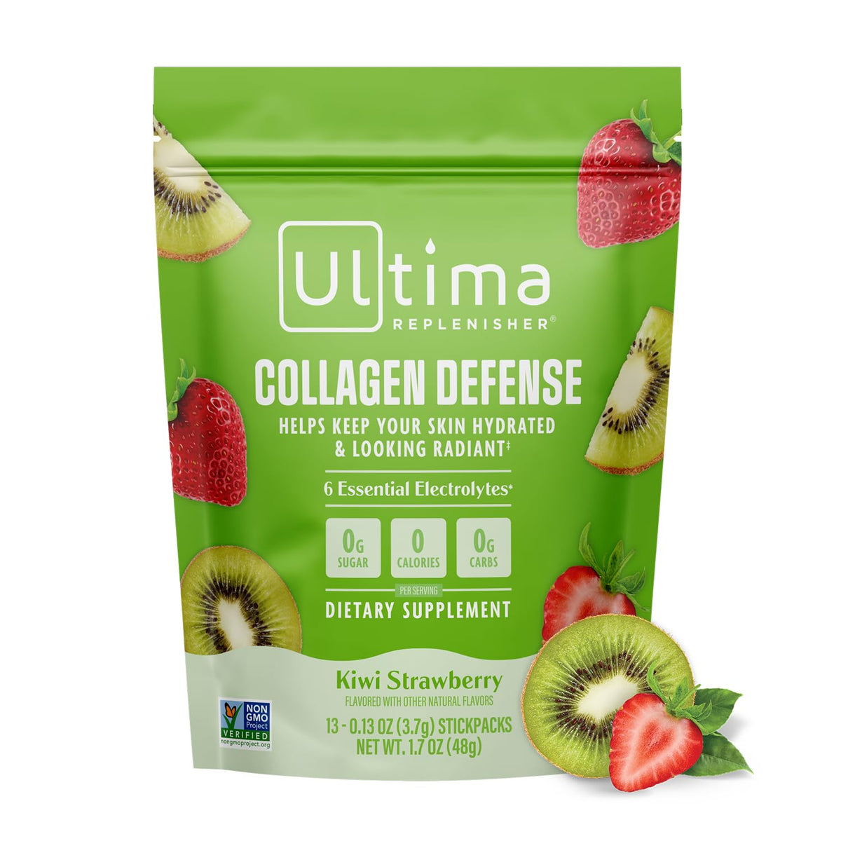 Pack de 13 stickpacks Ultima Replenisher Collagen Defense Kiwi Strawberry